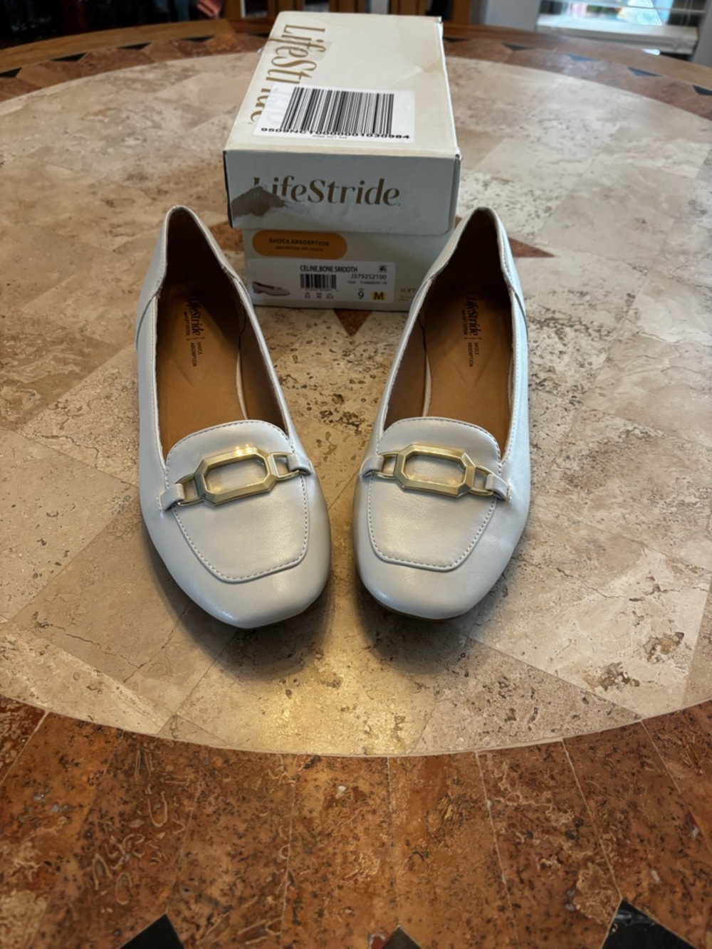 Life Stride White Leather Slip-On Loafers with Gold Accent
